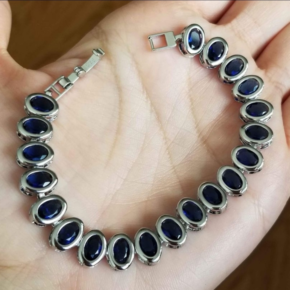 New 925 Silver Oval Cut Blue Sapphire Bezel Setting Bracelet Women with …